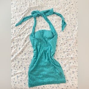 Sparkling Blue Teal Halter Dress Mini Homecoming Hoco dress Fits sizes 0,2,4,6